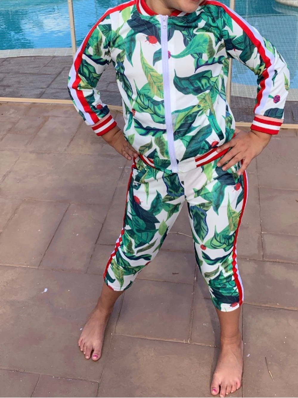 Kids Green Tropical Leaf Pajama Set with Red Trim